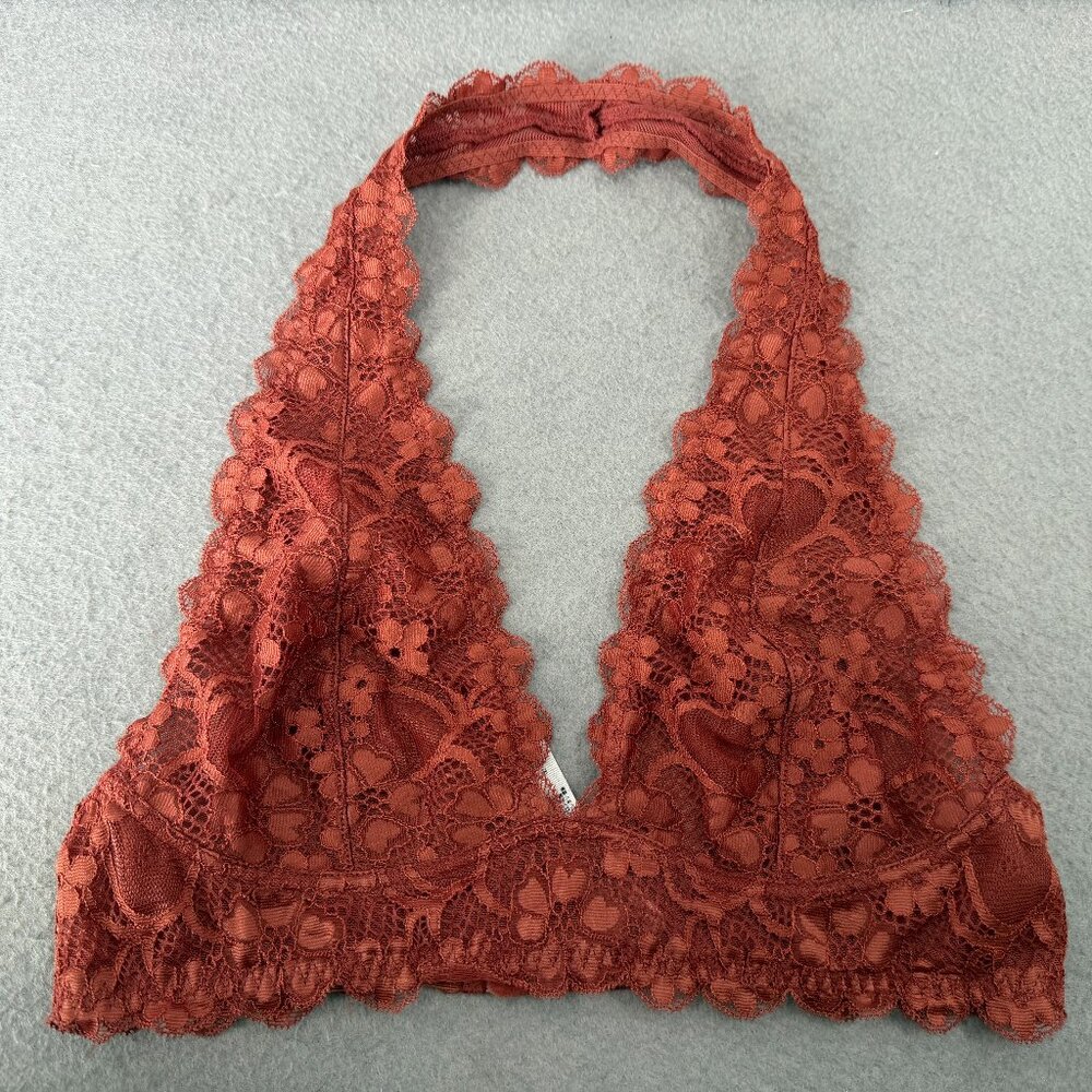 Free People Intimately Galloon Halter Bralette‎ Size S Coral Rust Lace Coquette